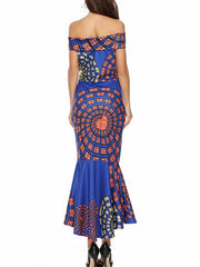 Printed Bateau Neck Ruffles Open Shoulder Casual Sleeveless Pencil Dress