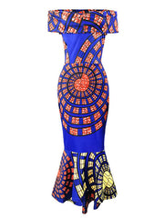 Printed Bateau Neck Ruffles Open Shoulder Casual Sleeveless Pencil Dress