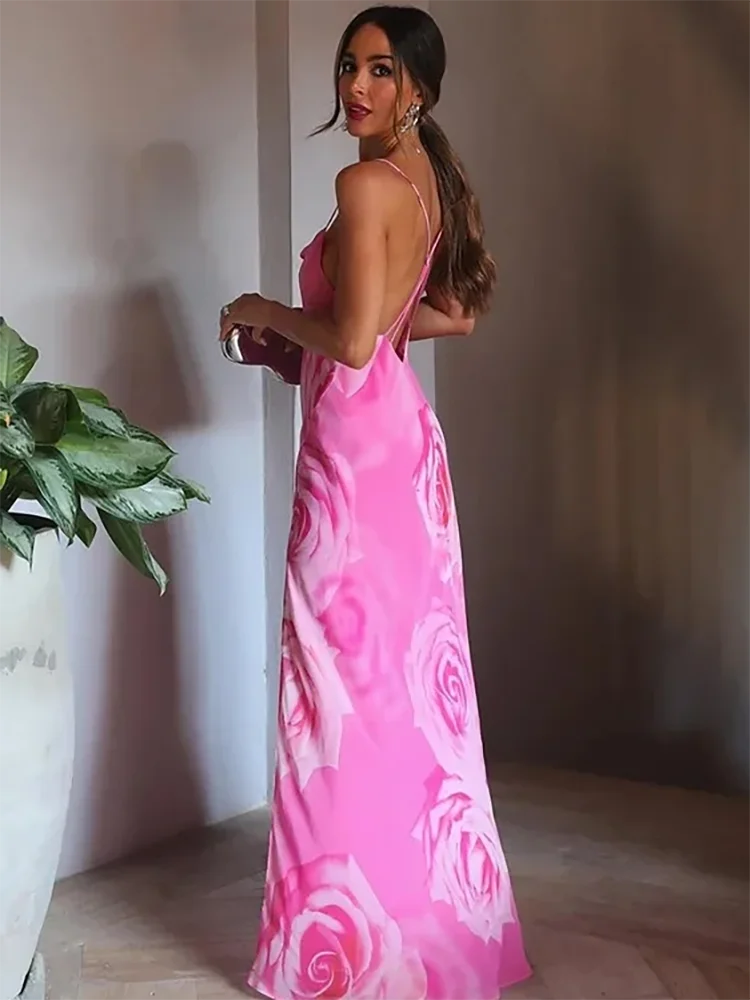 Printed Camisole Ruffled Floral Open Back Mid V-neck Zipper Beach Holiday Long Chic Dress