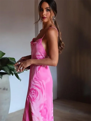 Printed Camisole Ruffled Floral Open Back Mid V-neck Zipper Beach Holiday Long Chic Dress