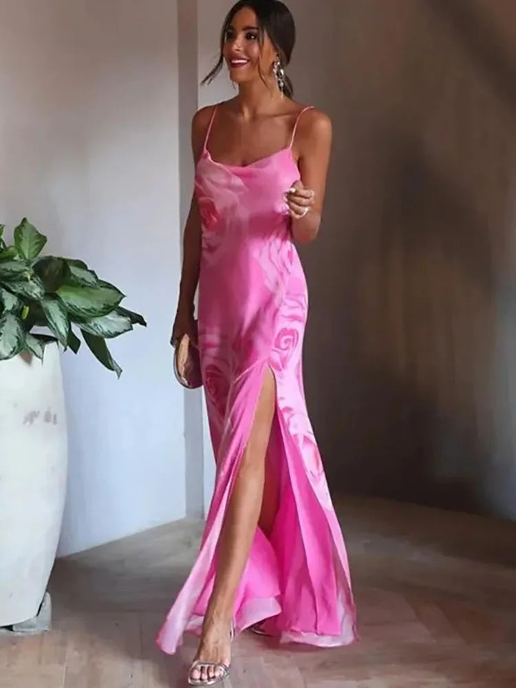 Printed Camisole Ruffled Floral Open Back Mid V-neck Zipper Beach Holiday Long Chic Dress