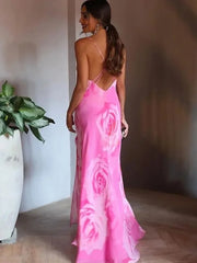 Printed Camisole Ruffled Floral Open Back Mid V-neck Zipper Beach Holiday Long Chic Dress