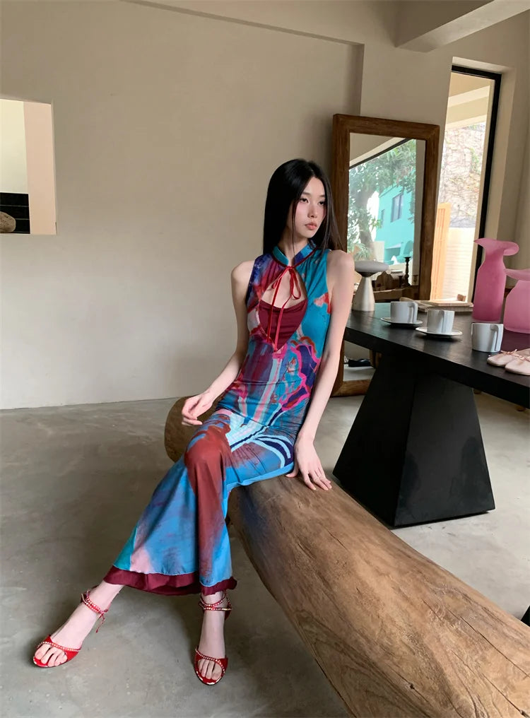 Printed Color Blocked Retro Design Slim Fit Long Skirt Dress