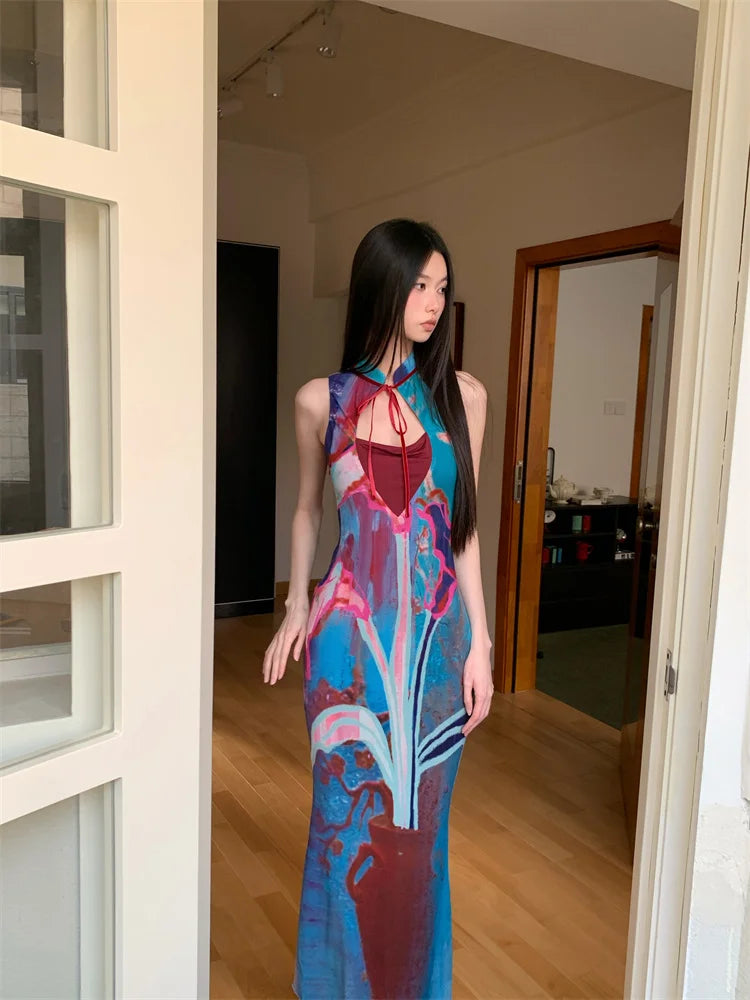 Printed Color Blocked Retro Design Slim Fit Long Skirt Dress