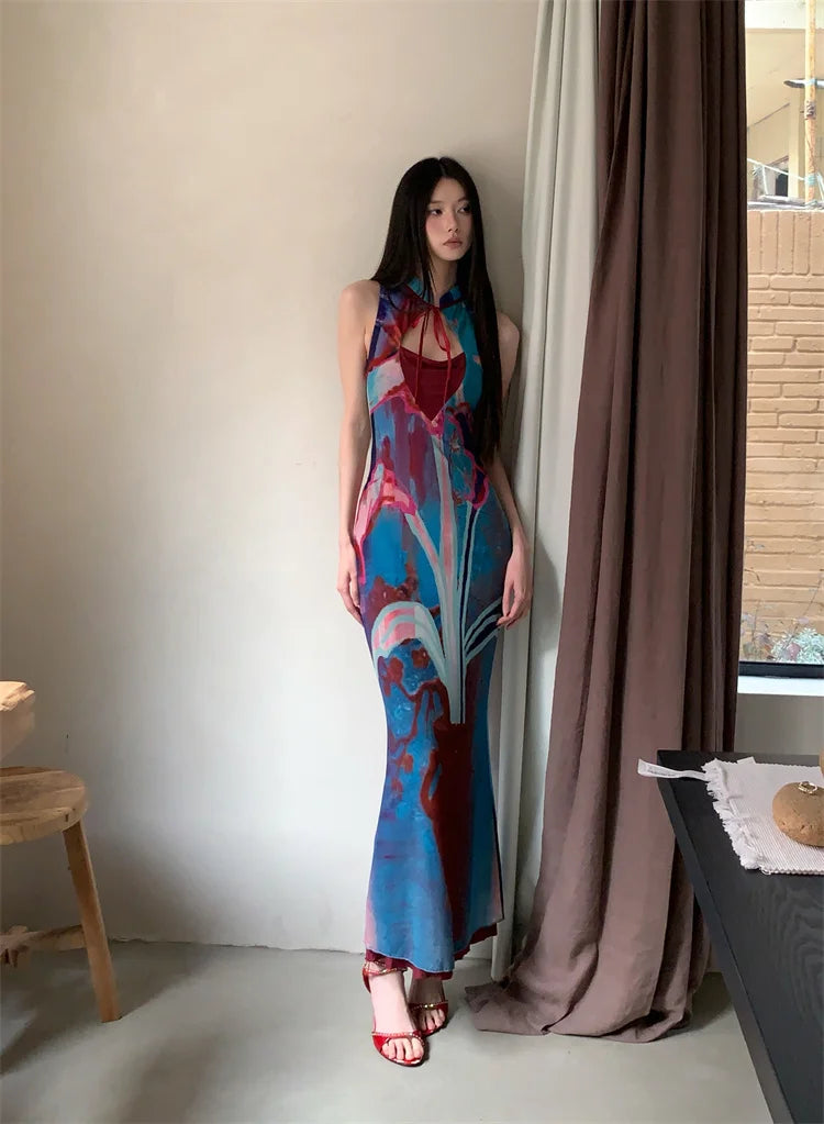 Printed Color Blocked Retro Design Slim Fit Long Skirt Dress
