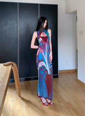 Printed Color Blocked Retro Design Slim Fit Long Skirt Dress