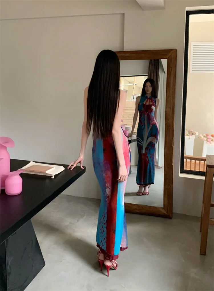 Printed Color Blocked Retro Design Slim Fit Long Skirt Dress