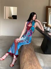 Printed Color Blocked Retro Design Slim Fit Long Skirt Dress