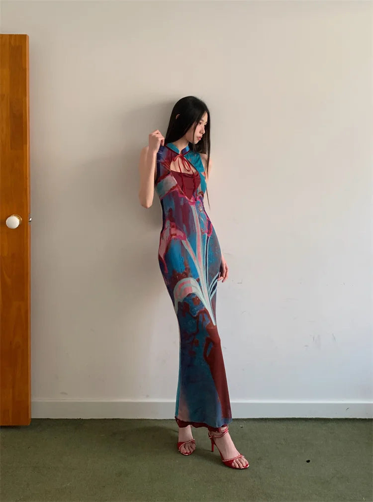 Printed Color Blocked Retro Design Slim Fit Long Skirt Dress