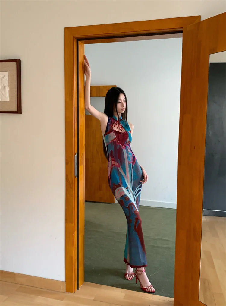 Printed Color Blocked Retro Design Slim Fit Long Skirt Dress