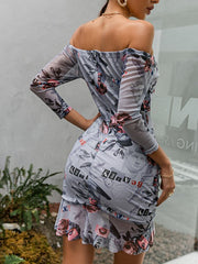 Printed Drawstring Off Shoulder Bodycon Dress