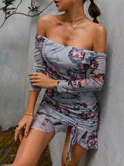 Printed Drawstring Off Shoulder Bodycon Dress