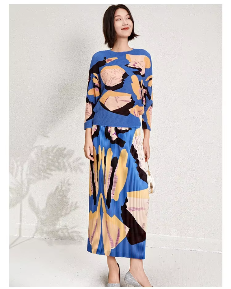 Printed Edition Round Neck Bat Sleeve Slim Slit Half Skirt Two-piece Set