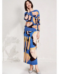 Printed Edition Round Neck Bat Sleeve Slim Slit Half Skirt Two-piece Set