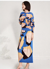 Printed Edition Round Neck Bat Sleeve Slim Slit Half Skirt Two-piece Set
