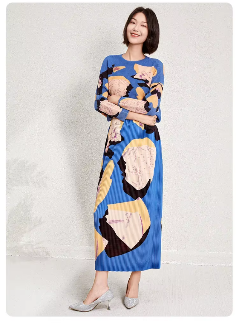 Printed Edition Round Neck Bat Sleeve Slim Slit Half Skirt Two-piece Set