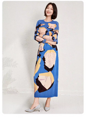 Printed Edition Round Neck Bat Sleeve Slim Slit Half Skirt Two-piece Set