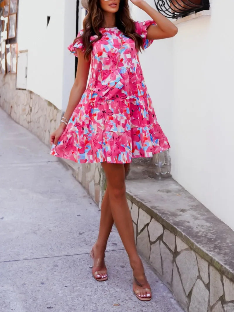 Casual Printed Flare Sleeves Round Neck Irregular Mini Dress
