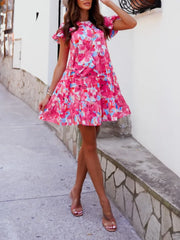 Casual Printed Flare Sleeves Round Neck Irregular Mini Dress