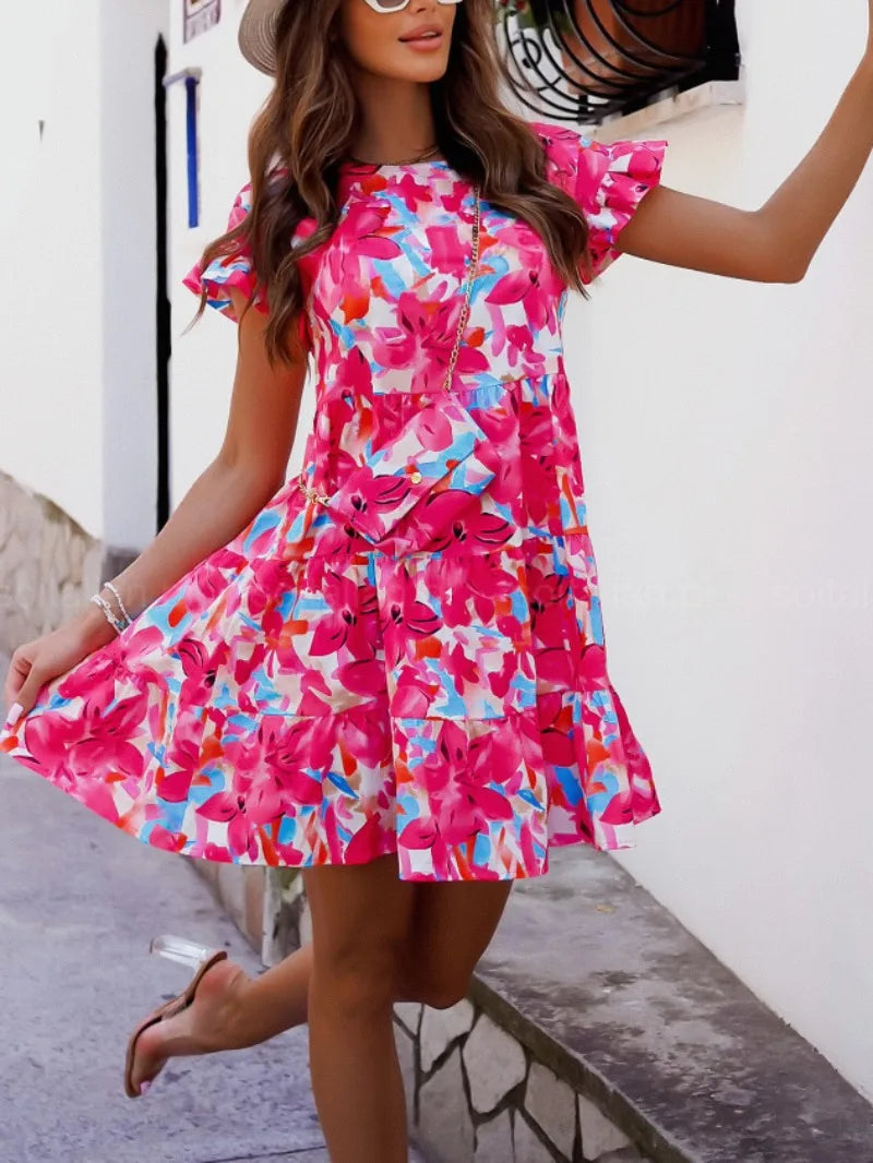 Casual Printed Flare Sleeves Round Neck Irregular Mini Dress