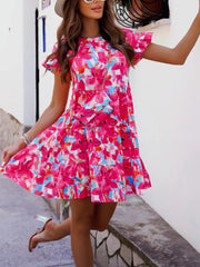 Casual Printed Flare Sleeves Round Neck Irregular Mini Dress