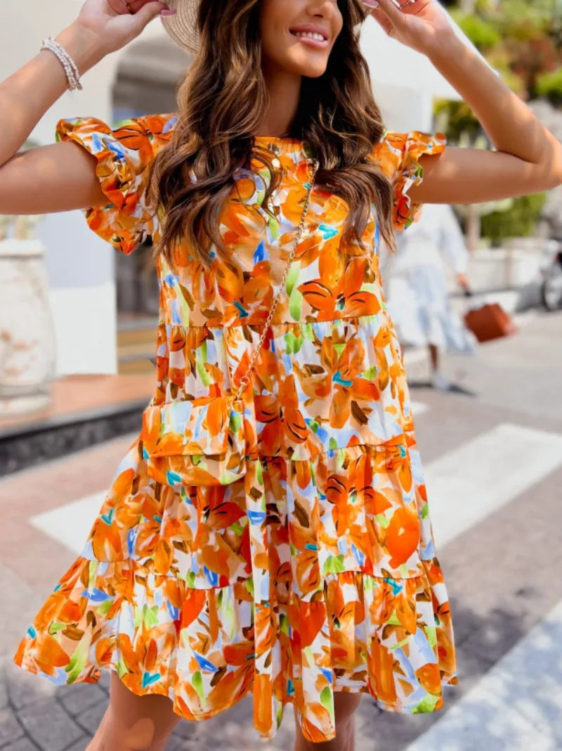 Casual Printed Flare Sleeves Round Neck Irregular Mini Dress