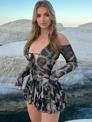 Casual Printed Halter V-Neck Off-shoulder Long Sleeves Skater And Flared Mini Dress