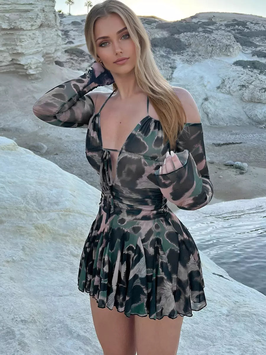 Casual Printed Halter V-Neck Off-shoulder Long Sleeves Skater And Flared Mini Dress
