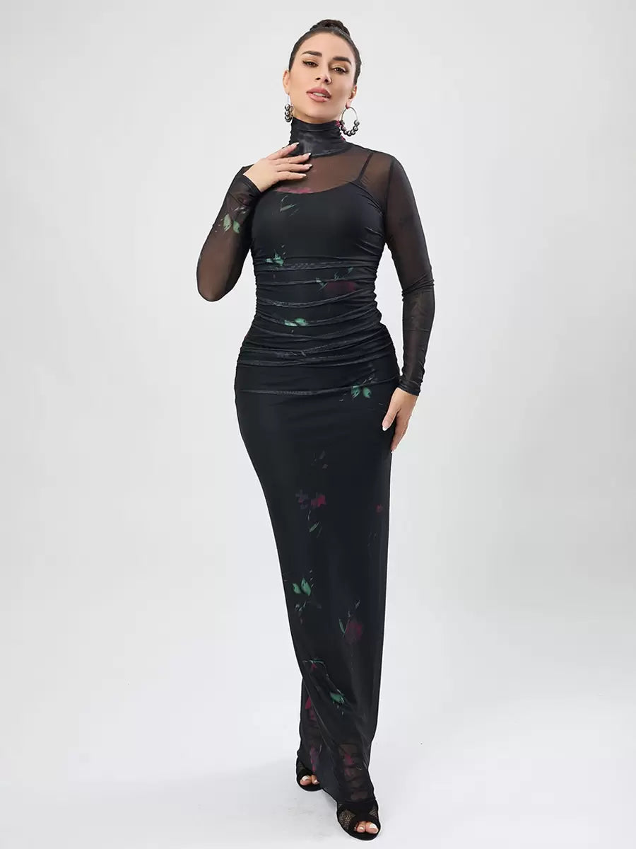 Printed High Collar Pleated Chic Long Sleeves Pencil Bodycon Dress