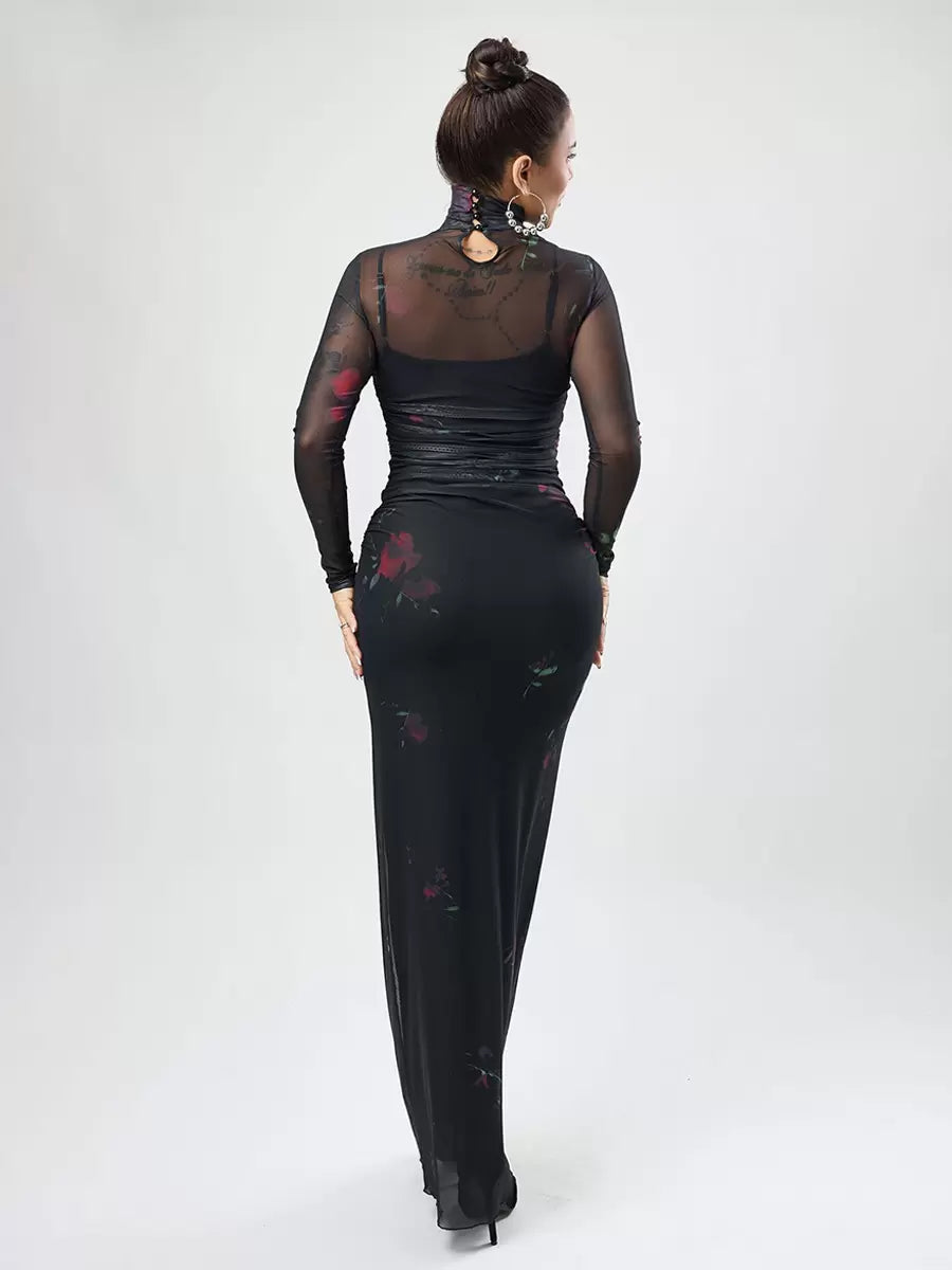 Printed High Collar Pleated Chic Long Sleeves Pencil Bodycon Dress