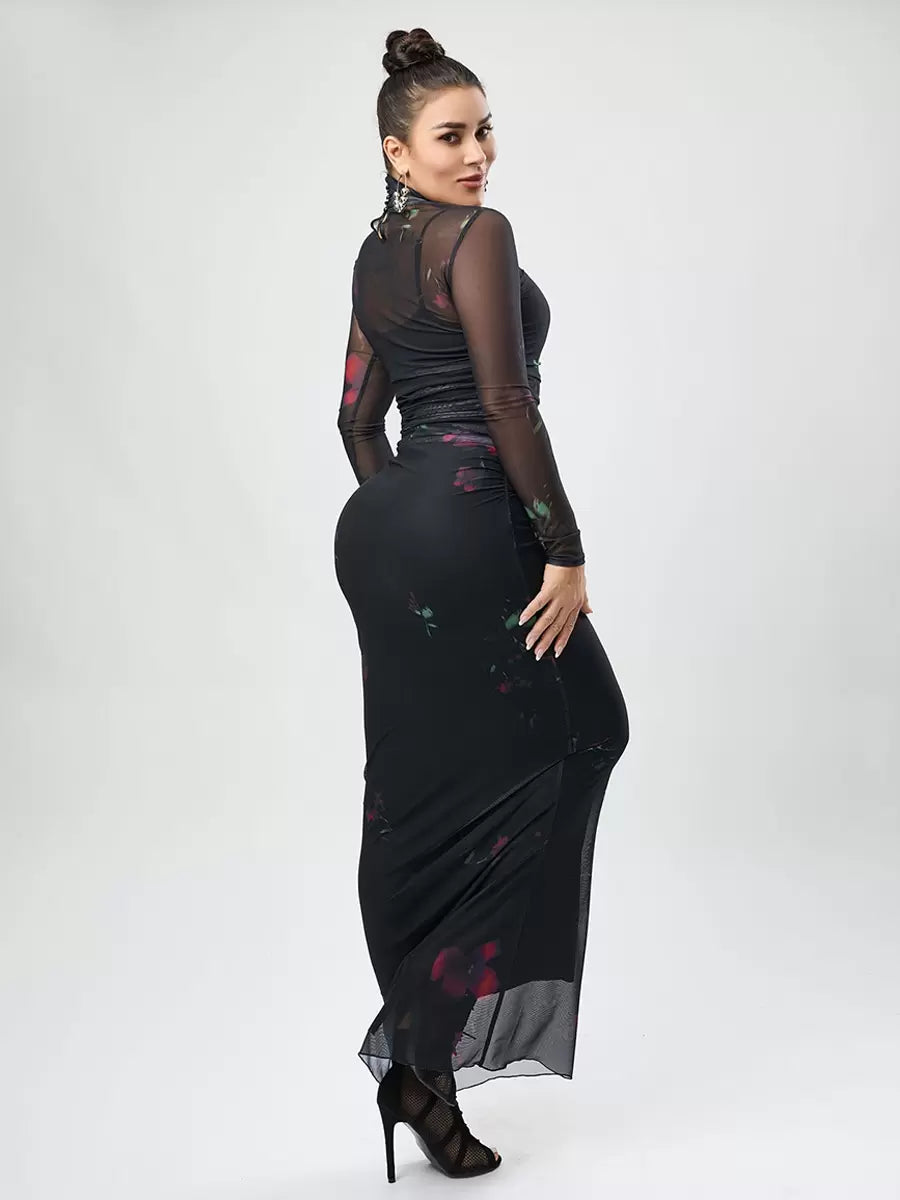 Printed High Collar Pleated Chic Long Sleeves Pencil Bodycon Dress