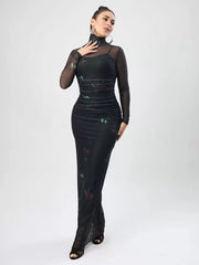 Printed High Collar Pleated Chic Long Sleeves Pencil Bodycon Dress