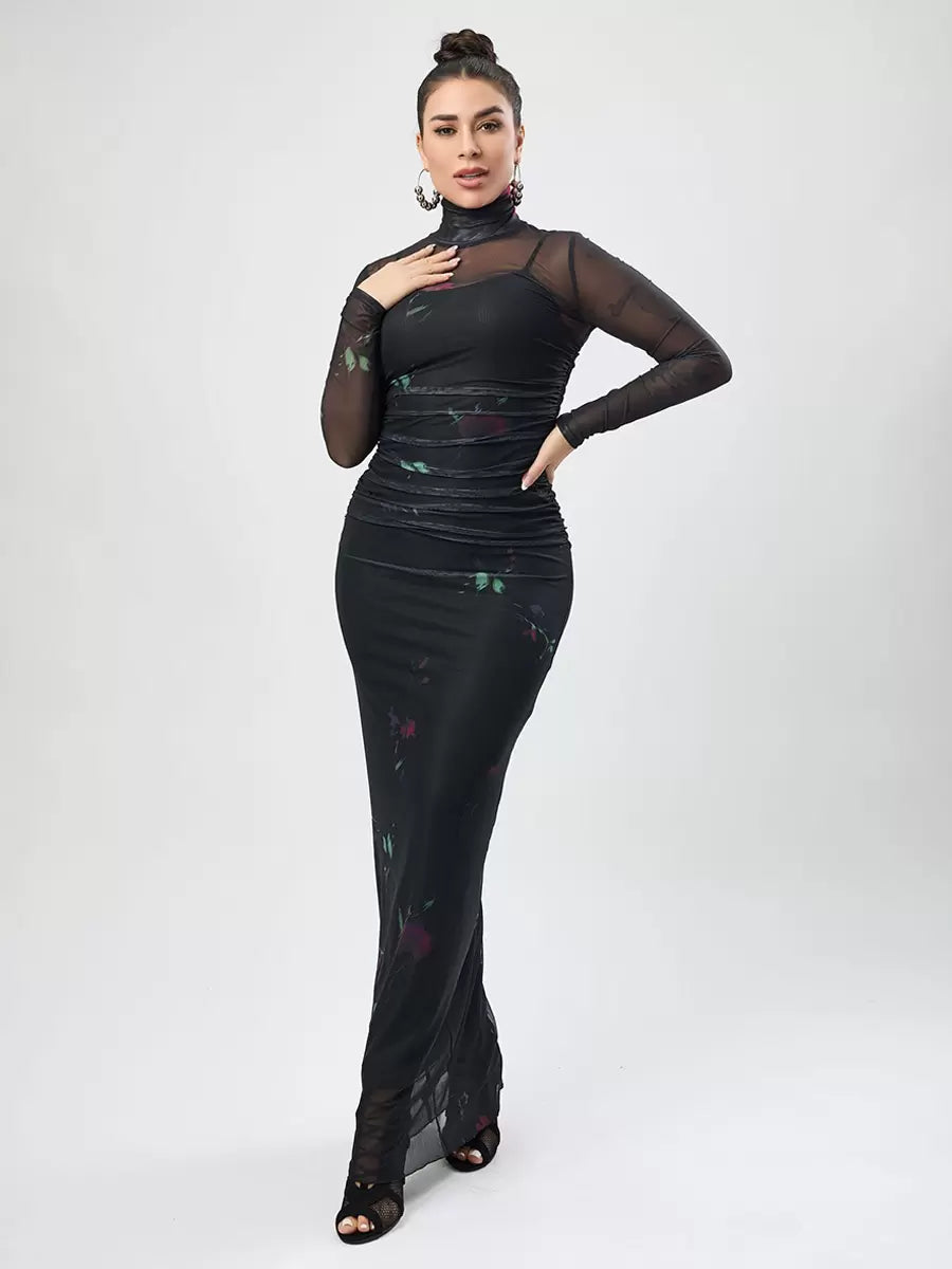 Printed High Collar Pleated Chic Long Sleeves Pencil Bodycon Dress