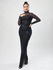 Printed High Collar Pleated Chic Long Sleeves Pencil Bodycon Dress