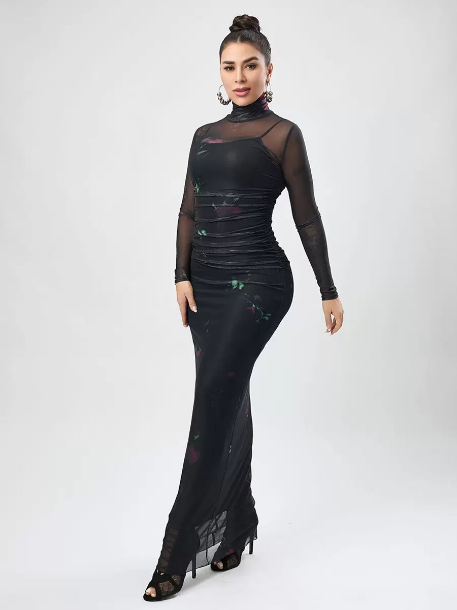 Printed High Collar Pleated Chic Long Sleeves Pencil Bodycon Dress