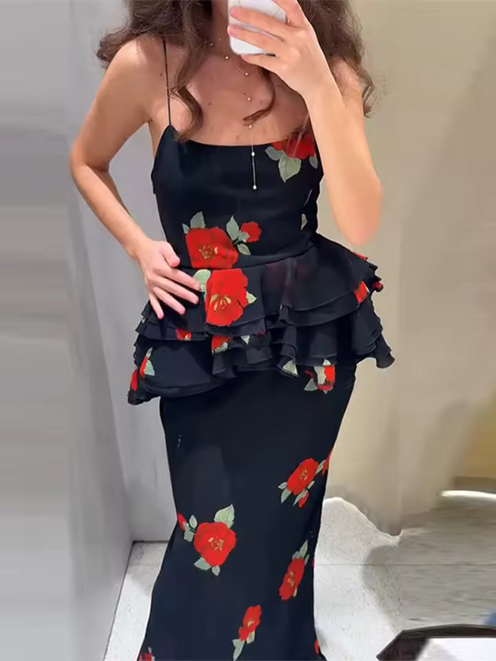Printed Layered Top Pleated Camisole Waist Cinched Vest Straight Half Skirts Street Party Suit