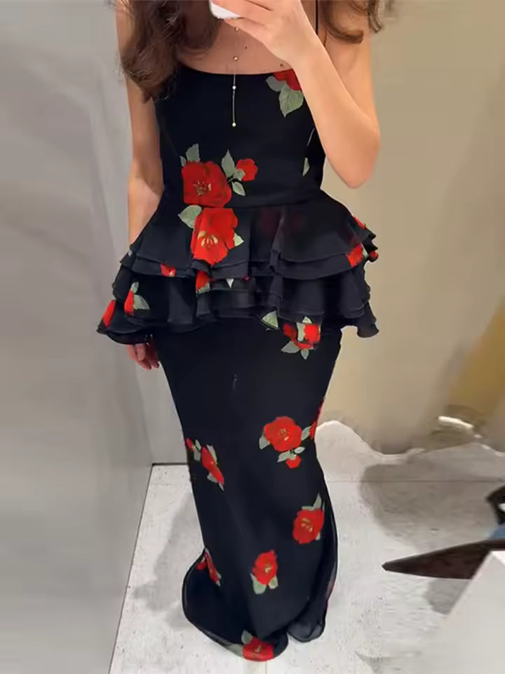 Printed Layered Top Pleated Camisole Waist Cinched Vest Straight Half Skirts Street Party Suit