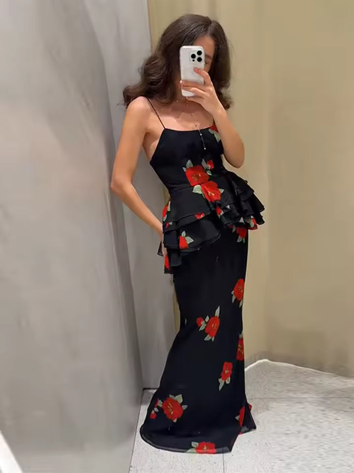 Printed Layered Top Pleated Camisole Waist Cinched Vest Straight Half Skirts Street Party Suit