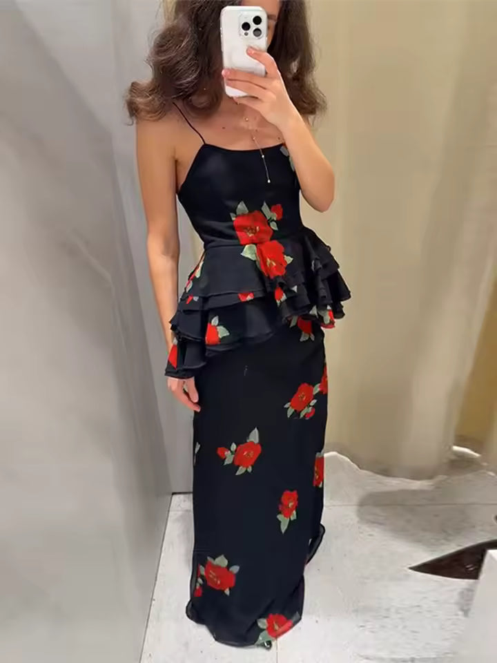 Printed Layered Top Pleated Camisole Waist Cinched Vest Straight Half Skirts Street Party Suit