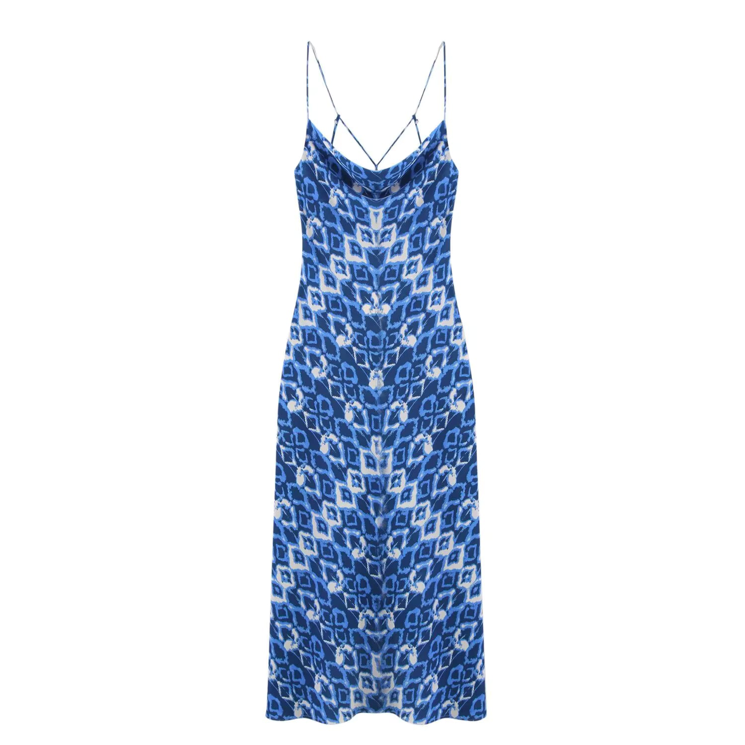 Printed Pullover Style Draped Collar Spaghetti Strap Midi Dress