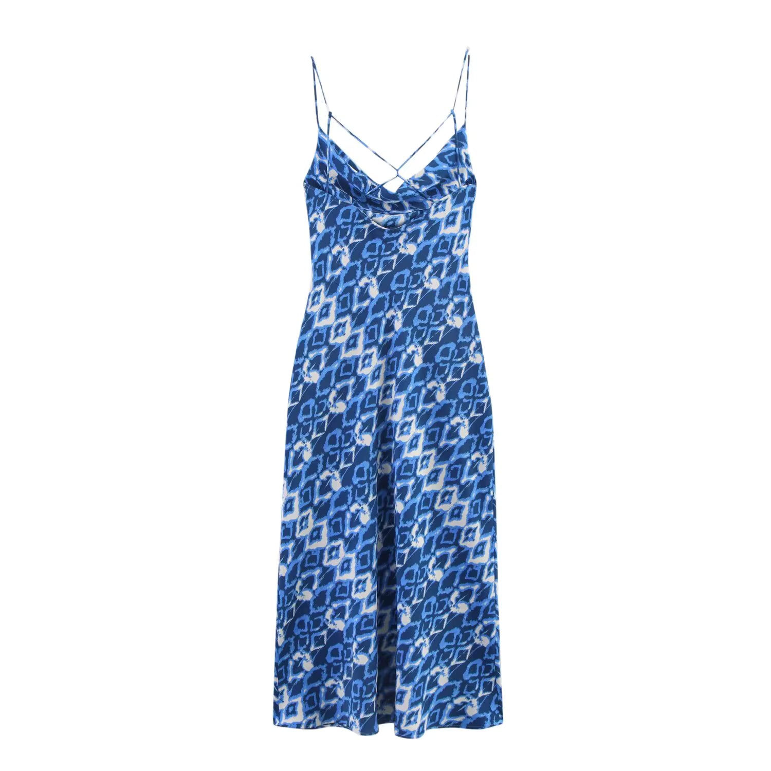 Printed Pullover Style Draped Collar Spaghetti Strap Midi Dress