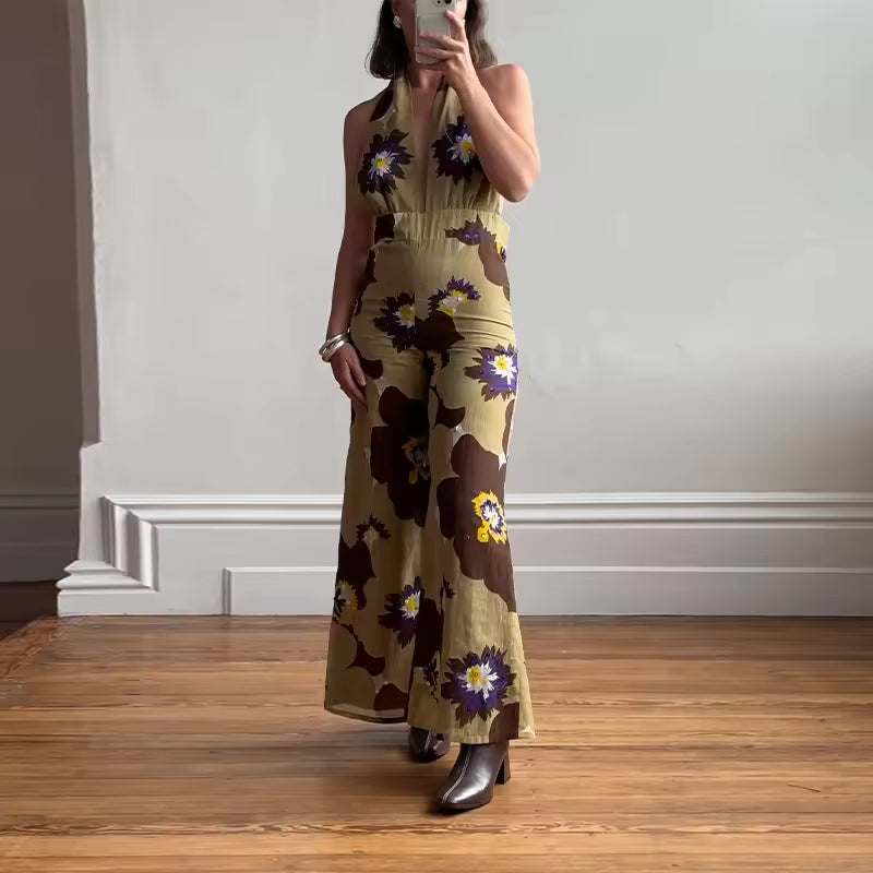 Printed Sequins Backless Halter High Waist Deep V-neck Wide Leg Straight Jumpsuit