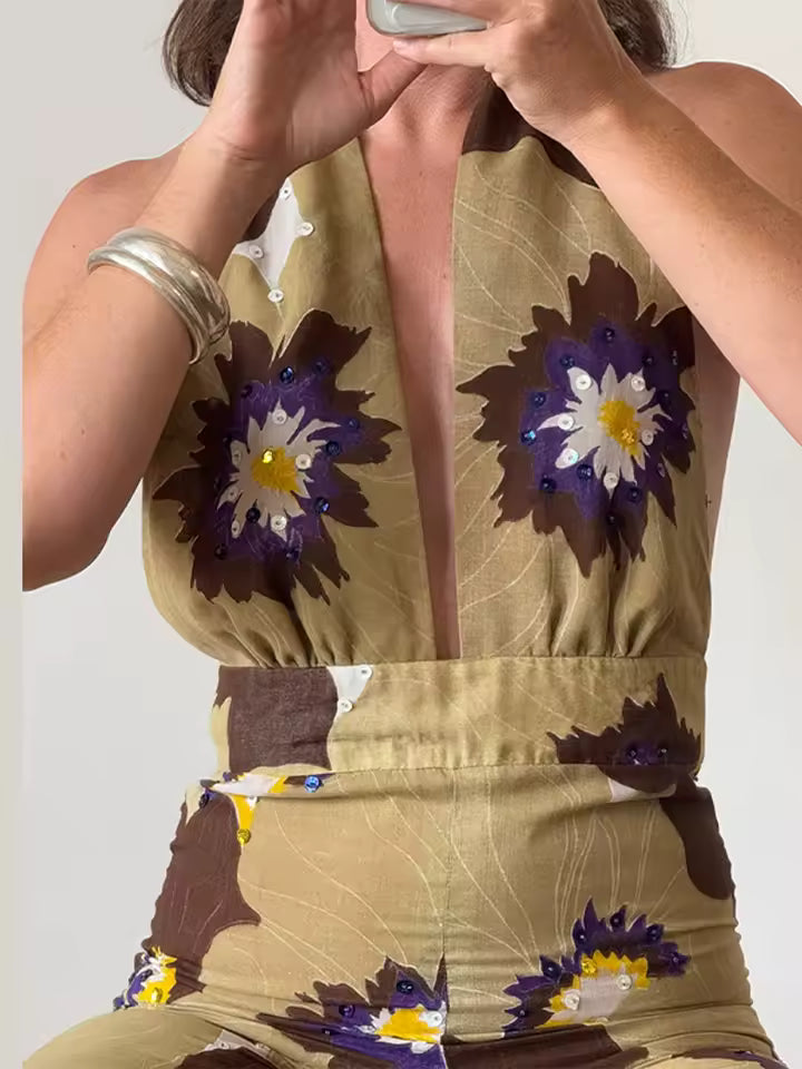 Printed Sequins Backless Halter High Waist Deep V-neck Wide Leg Straight Jumpsuit
