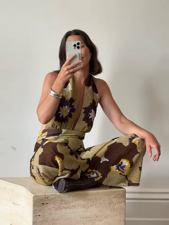 Printed Sequins Backless Halter High Waist Deep V-neck Wide Leg Straight Jumpsuit
