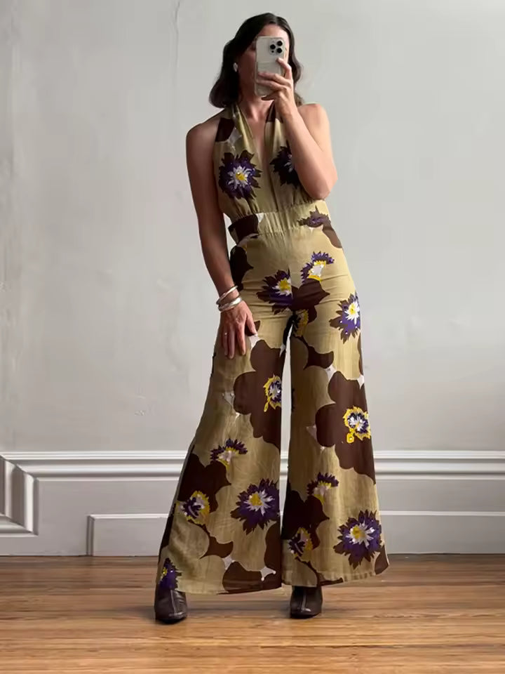 Printed Sequins Backless Halter High Waist Deep V-neck Wide Leg Straight Jumpsuit