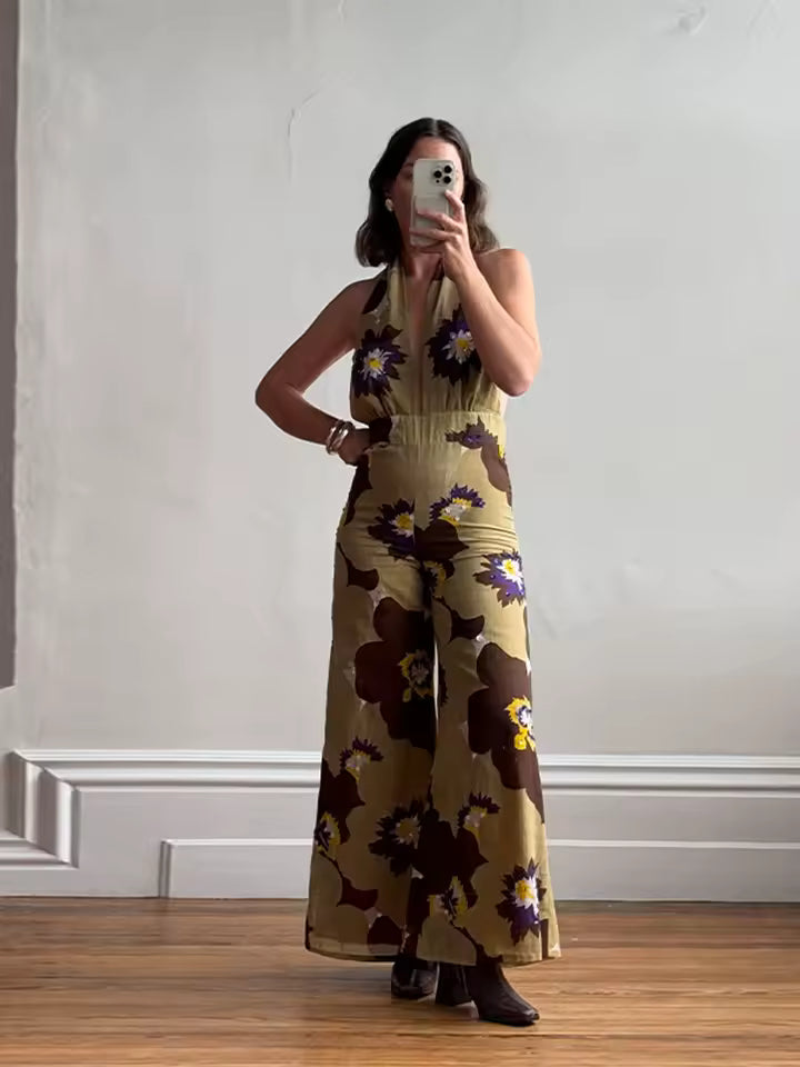 Printed Sequins Backless Halter High Waist Deep V-neck Wide Leg Straight Jumpsuit