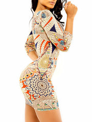 Printed Round Neck Three Quarter Sleeve Shaping Bodycon Dress