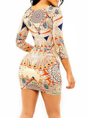 Printed Round Neck Three Quarter Sleeve Shaping Bodycon Dress