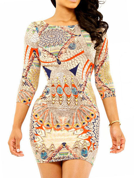 Printed Round Neck Three Quarter Sleeve Shaping Bodycon Dress