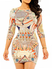 Printed Round Neck Three Quarter Sleeve Shaping Bodycon Dress